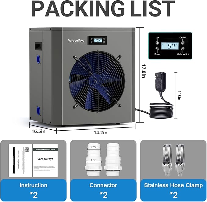 16000 BTU Above Ground Pool Heater 5000 Gallon Swimming Pool Heater Pump Heating or Cooling Electric Pool Heater For Inground Pool WiFi Control Schedule 120V