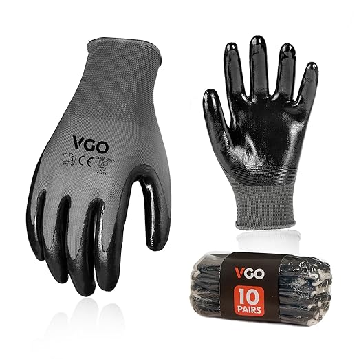 Vgo... 10-Pairs Safety Work Gloves, Gardening Gloves, Non-slip Nitrile coating, Dipping Gloves (Size S, Gray, NT2110)