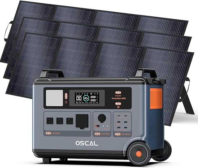 OSCAL 6000W AC Outlets (9000W Peak) Solar Generator with 3×400W Solar Panel, PowerMax 6000 120V/240V Split Phase Voltage, 2200W AC Charging/2400W Solar Charging, Emergency for Home, Battery Backup