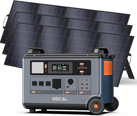 OSCAL Promax6000 Solar Generator 6000W(Peak 7200W) with 3x400W Solar Panel,120V/240V Dual Voltage Portable Power Station,3600WH Lifepo4 Battery 14 Outlets,2200W 1.96H Fast Charge,for Home Backup,RV.