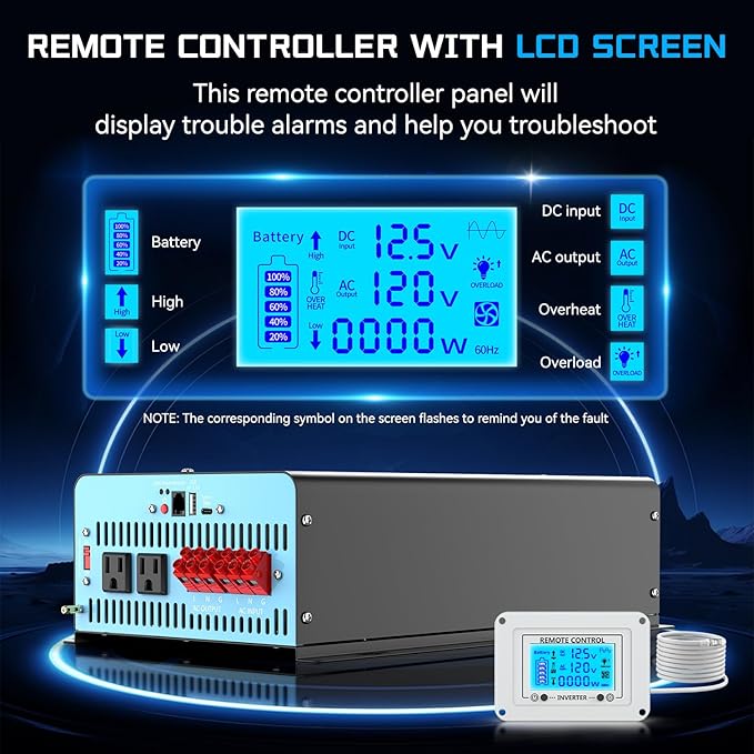 3500W Pure Sine Wave Inverter with Transfer Switch, 12V DC to 120V AC Converter with 2AC Outlets, USB Port, Type-C Port, Remote Controller, Power Inverter for RV, Outdoor, Auto Swtich to Shore Power
