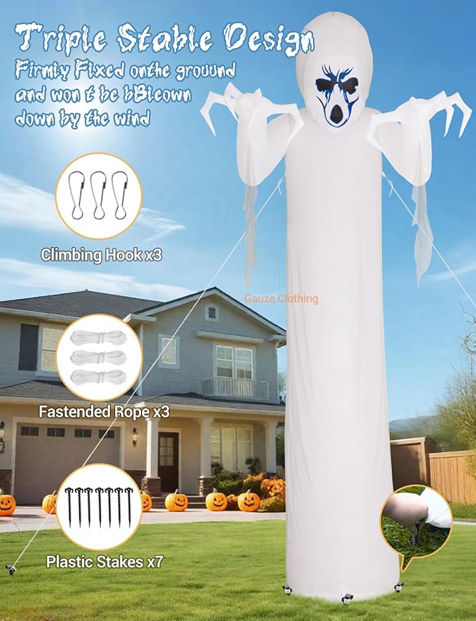 Elegear 12FT Giant Halloween Inflatable with Flowing Gauze, 7-Mode Color Changing RGB Lights, Scary White Ghost Halloween Blow Up Yard Decorations Outdoor for Lawn Garden Porch Party