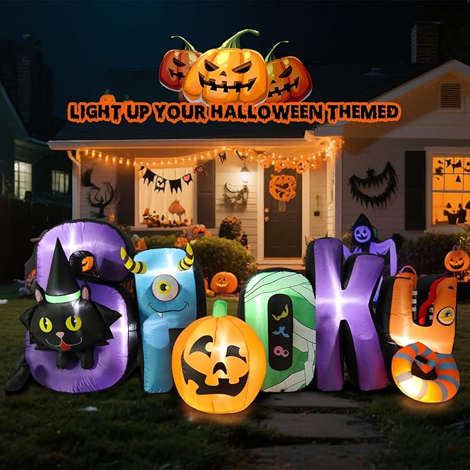 VCUTEKA 8.6FT Halloween Inflatable Spooky Pumpkin Cat Outdoor Decoration, Blow Up Decor with LED Lights for Holiday Party Inflatables Indoor Home Garden Lawn Yard Decorations