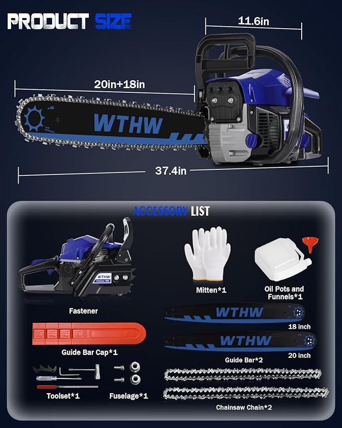 58 cc Gas Powered Chainsaw, 20 in & 18 in Quick-Switch Bars – 550 ml Fuel 260 ml Oil Tanks, Automatic Chain Oiler, Centrifugal Air Filter, Quick Start, Inertial Chain Brake (WH5808)