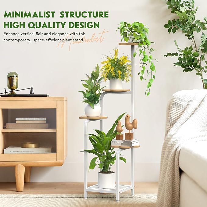 TOSKING 5 Tier Metal Plant Stand Indoor 48''H Tall ,Heavy Duty Plant Shelf , Corner Shelf Flower Pot Stand for Outdoor Plant Stand for Living Room Balcony Garden Patio Bedroom (5 Tier-White and Wood)