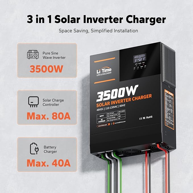 LiTime 3500W Solar Hybrid Inverter, 48V DC to 120V AC All-in-One Solar Inverter Charger, Built in 80A MPPT Charge Controller, for 48V Lead Acid/LiFePO4 Battery, Home Energy Storage, Off-Grid
