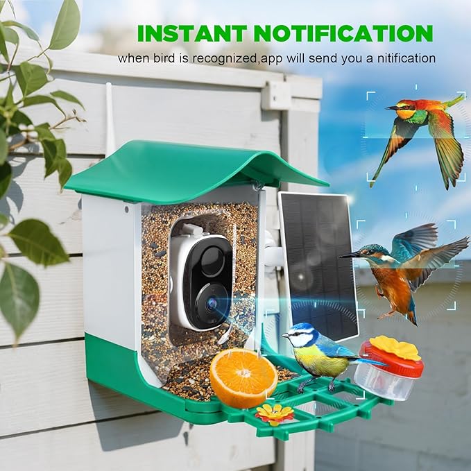 Smart Bird Feeder with Camera, 2K 3MP HD WiFi, AI Bird Species Recognition, Dual-Band 2.4G/5G WiFi, 2L Large Seed Container, IP65 Weatherproof, Solar Powered, Two-Way Audio