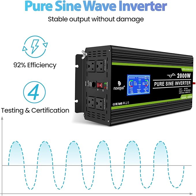 NOVOPAL 2000 Watt Pure Sine Wave Power Inverter DC 12V to AC 110V 120V Rv Inverters with 1 USB Port-16 feet Remote Control, LCD Display for Truck, Hurricane, Home
