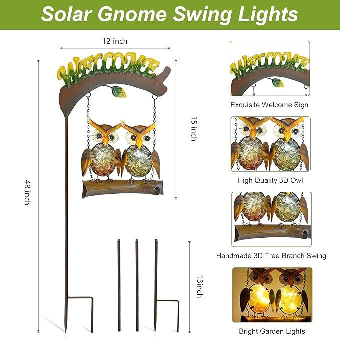 HONGLAND Solar Lights Outdoor Decor, Owl Swing Garden Decor, Owl Gifts for Women Mom, Whimsical Garden Lights Outdoor Decorations with Welcome Sign for Outside Patio Yard Lawn Decor