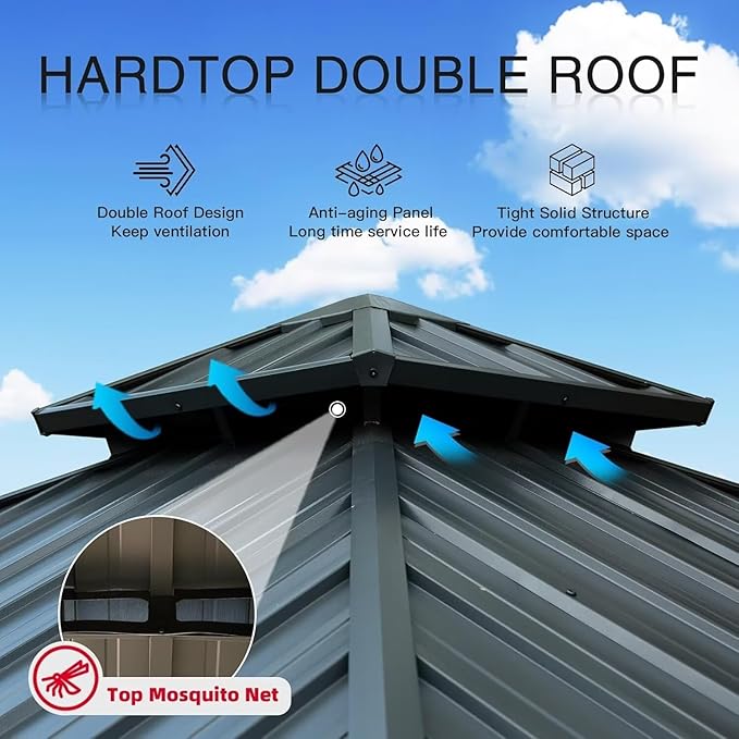 Domi 8’ X 8’ Hardtop Gazebo Canopy with Netting & Curtains, Outdoor Gazebo with Galvanized Steel Double Roof for Patio Lawn and Garden, Gray