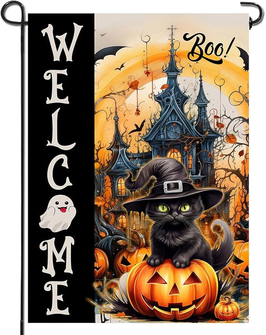DECORLUXES Halloween Cat Garden Flag Double Sided, Welcome Halloween Large Garden Flags Garden Outside Decor, Yard Flag Decorations (Garden Flag)