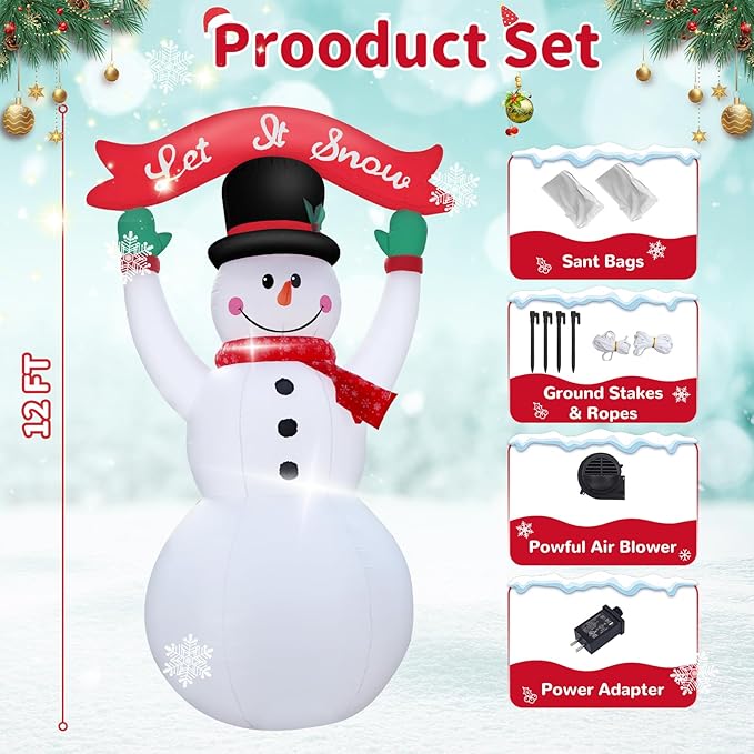 12 Feet Inflatable Christmas Banner Snowman Outdoor Holiday Decoration with LED Lights Christmas Inflatable Decor Seasonal Lawn Garden Entrance Party Décor Happy Festive Atmosphere