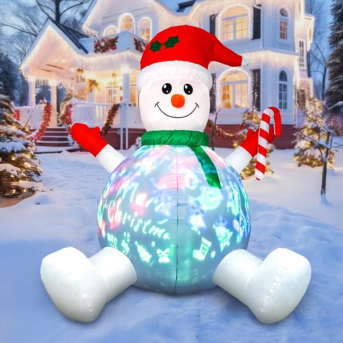 HFO 6ft Tall Christmas Inflatable Outdoor Decorations, Blow up Yard Decor with Christmas Snowman Sang Along with The Music Projection, Bright LED Lights Holiday Outdoor Decorations