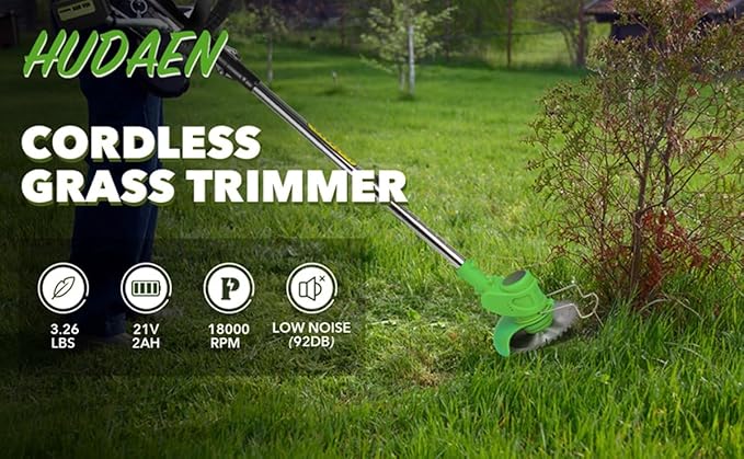 21V Cordless Grass Trimmer, Electric String Weed Wacker with 2.0Ah Lithium Battery, Telescopic Handle, 40 Min Runtime, 18000 RPM, Low Noise 92dB (Green)