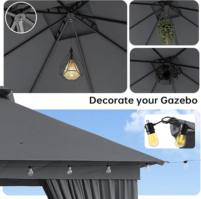 Outdoor Gazebo Metal Frame Patio Pergola Double Roofs Patio Canopy with Double-Layer Door and Mosquito Netting for Deck, Backyard, Lawn (Grey, 10x10FT)