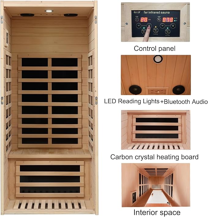 1 Person Infrared Sauna, Low EMF FAR Infrared Saunas for Home, 1200 watt Canadian Hemlock Indoor Sauna Room with LED Reading Lamp, LCD Display Control, Blue-Tooth Audio