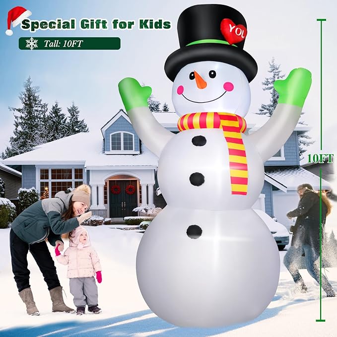 10FT Christmas Inflatables Snowman Wear Magic Hat, Blow Up Outdoor Decorations, Giant Snow Man Built-in Bright LED Light, Xmas Yard Decor for Festive Holiday Garden Patio Lawn Display Mall Hall Party
