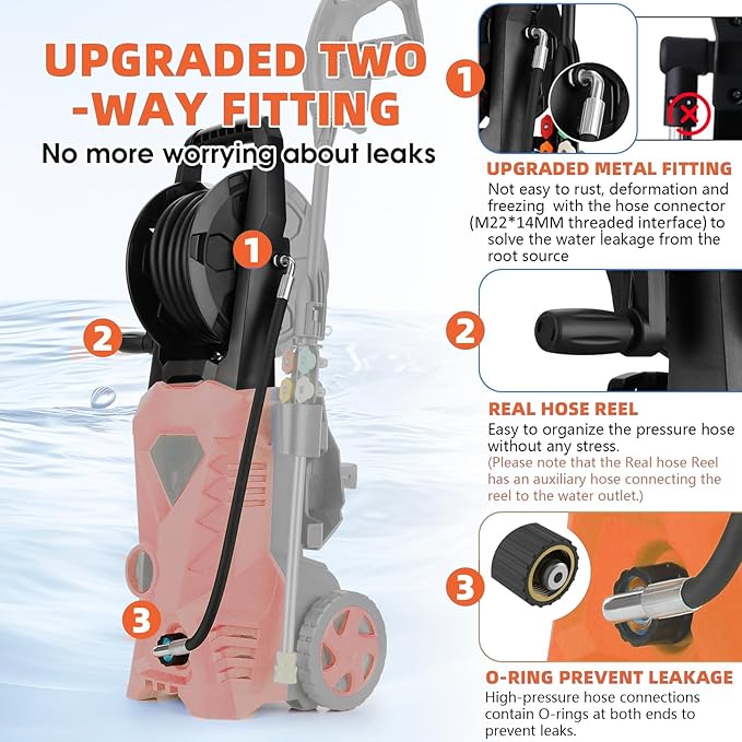 5000PSI Pressure Cleaner - 2025 New Power Cleaner with Upgraded 33ft Pressure Cleaner Hose Reel, Foam Cannon, 4 Nozzle Set, Power Cleaner for House/Patios/Car/Fence, Orange
