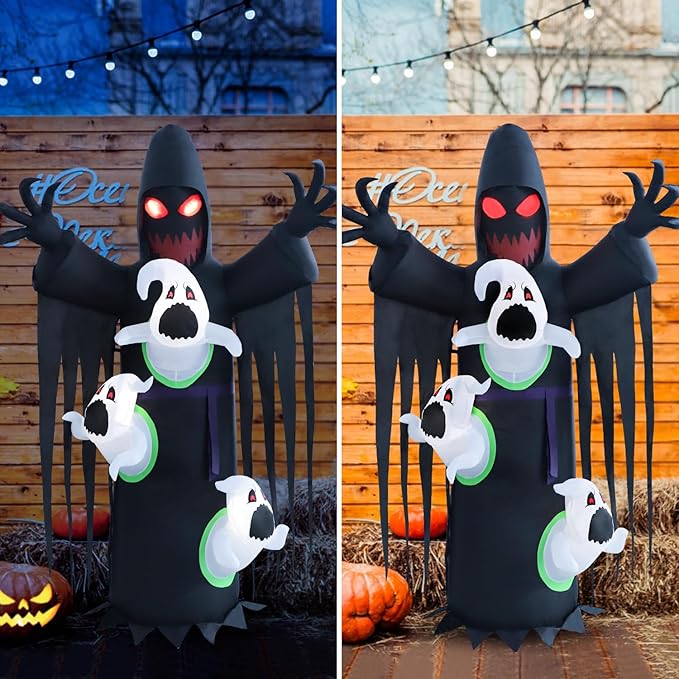 8ft Harvester with Runaway Ghost on Chest Halloween Inflatable Outdoor Decoration, Yard Decorations with LED Lights for Outdoor Lawn, Garden, Home Holiday Party