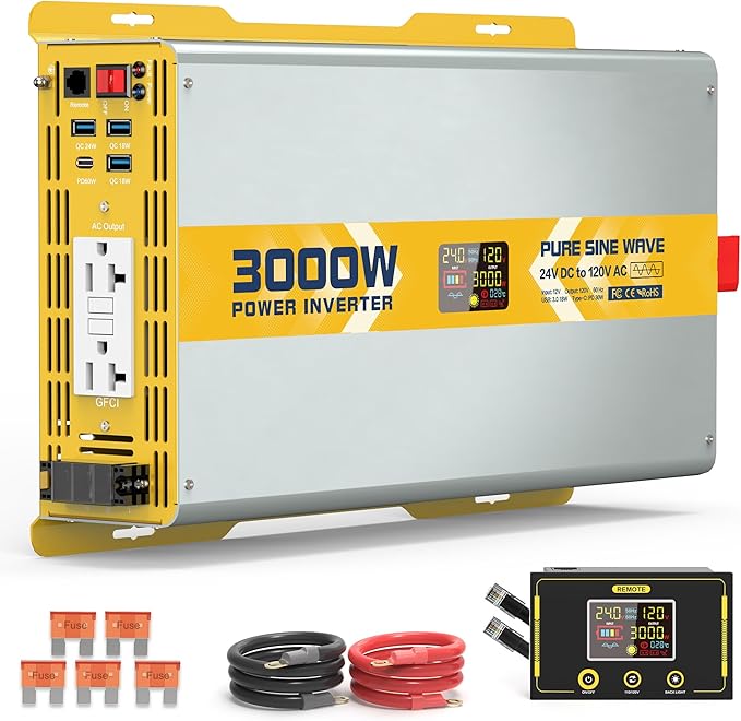 XWJNE 3000W Pure Sine Wave Power Inverter 24V DC to 120V GFCI AC Converter with LCD Display and Remote for Home, RV, Truck, Off-Grid Solar Power