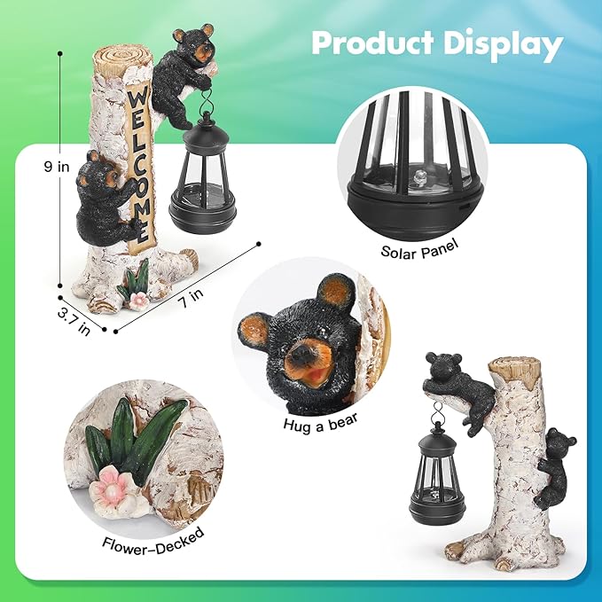 Json Garden Bear Statue with Solar LED Lantern, Gifts for Mom Yard Art, Whimsical Figurine Large Sculpture Lighted Outdoor Mother's Day Spring Decorations for Lawn, Porch