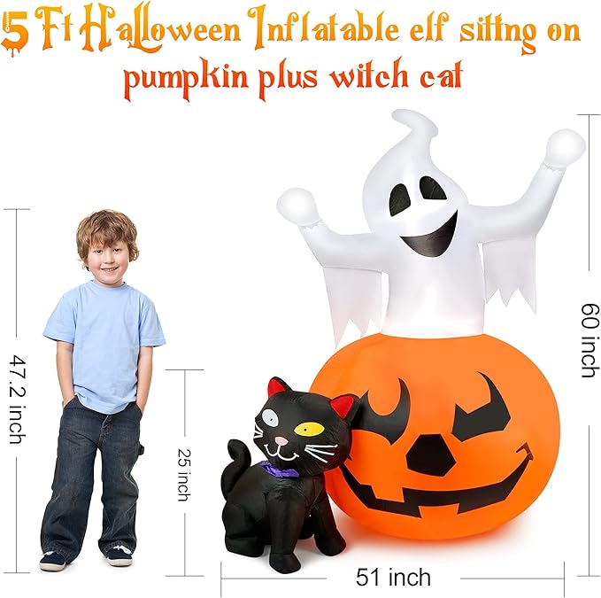 5 FT Halloween Inflatables Outdoor Spooky Pumpkin and Witch' s Black Cat Combo Inflatable Decor, Halloween Blow Up Yard Decorations Clearance with Build-in LED Lights, Halloween Outdoor Decorations