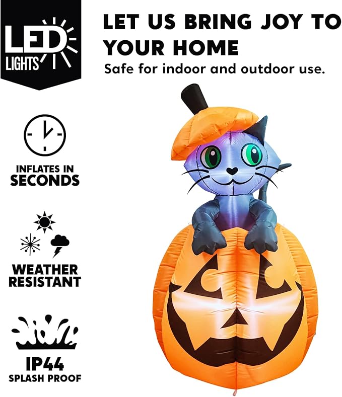 Joiedomi 5 FT Halloween Inflatables Outdoor Decorations, Inflatable Halloween Decor Outdoor Blow Up Pumpkin for Yard, Animated Blow Up Cat On Pumpkin with LEDs for Outside Decor