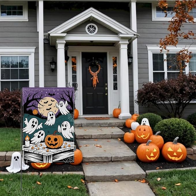 HTBIG Halloween Ghost Garden Flag, Funny Halloween Ghost Pumpkin Decor, Yard Flags for Outside 12x18 inch, For Holiday Yard Outdoor Decorate
