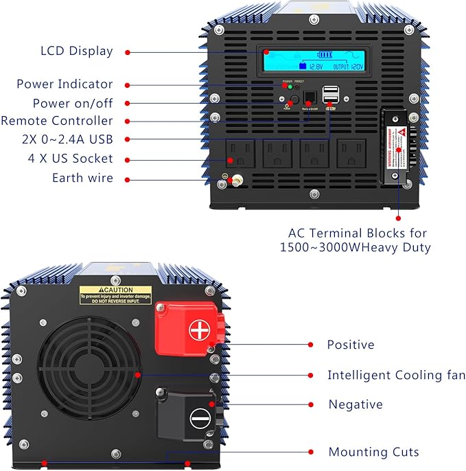 VOLTWORKS 3000W Pure Sine Wave Power Inverter 3000 Watt 12V DC to 110V 120V AC ETL Listed UL458 Compatible with Starlink & Lithium Battery for Off-Grid Solar Car RV Truck Boat with 30FT Wired Remote