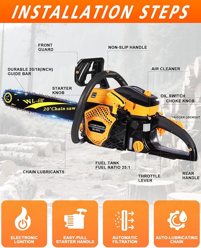 63cc Gas Powered Chainsaw, 3.2KW/3.2HP 2-Cycle Engine, 20-Inch Guide Bar, Professional Power Saw with CDI Ignition, Automatic Oiler & Anti-Vibration System for Heavy-Duty Use