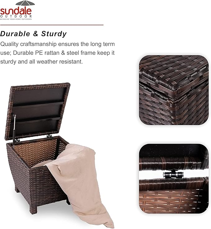 Outdoor Wicker Storage Box with Cover, 13 Gallon PE Rattan Deck Box for Outside with Waterproof Liner, Patio Storage Chest with Hinged Lid for Cushions, Pillows, Towels, Horizontal Bin, Brown