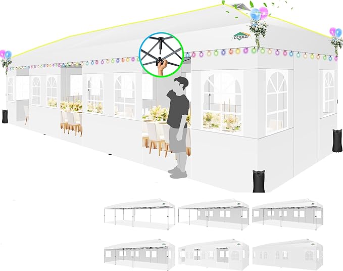 COBIZI 10x30 Pop Up Canopy with Sidewalls 10x30 Party Tent Outdoor Wedding Event Canopies for Parties UPF 50+ Windproof Waterproof Gazebo with Air Vent, Wheeled Bag, Sandbag, Stake, Rope, White