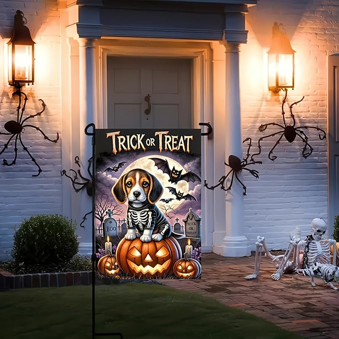 Happy Halloween Garden Flags for Outside Decoration,Beagle Skeleton Dog and Pumpkin Welcome Garden Flag for Outdoor Decor 12x18 Inch Vertical Double Sided