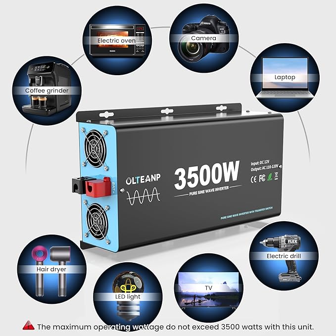 3500W Pure Sine Wave Inverter with Transfer Switch, 12V DC to 120V AC Converter with 2AC Outlets, USB Port, Type-C Port, Remote Controller, Power Inverter for RV, Outdoor, Auto Swtich to Shore Power