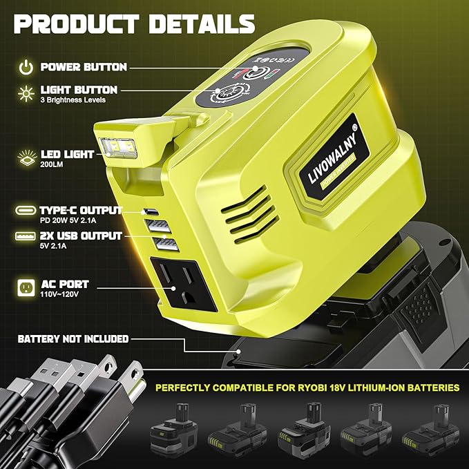 2 Packs Power Inverter for Ryobi 18V, LIVOWALNY Real 200W Battery Inverter 18V to 110V-120V, Portable Power Adapter Charger Adapter Power Station Power Supply 2 USB-A & 1 Type-C & 1 AC (No Battery)