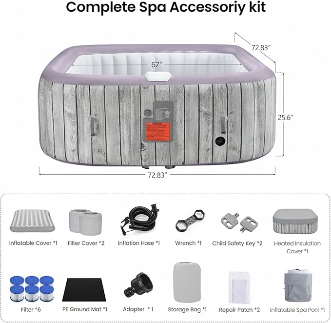 Inflatable Hot Tub for 4-6 People – Portable Heated Spa with 130 Bubble Jets, Insulated Cover, 6 Filter Cartridges & Internal Pump for Backyard or Indoor Use