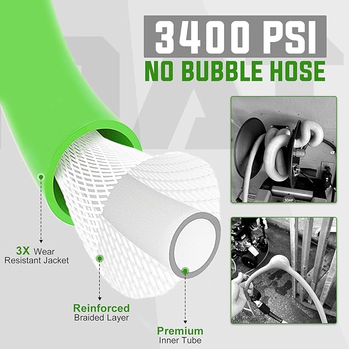 YAMATIC Durable Pressure Washer Hose 50FT, 3400 PSI 1/4'' Power Washer Hose Replacement for Gas&Electric Washer, Wear Resistant Extension Leak-Free M22 Fittings, Green