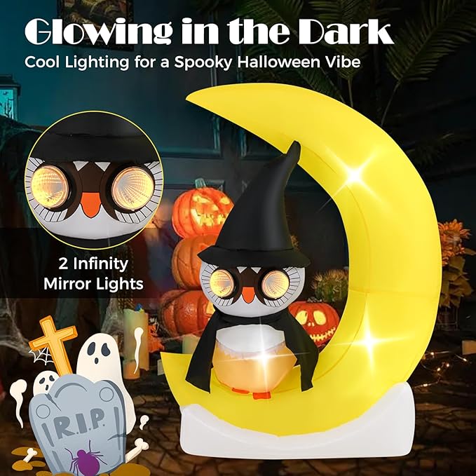 Goplus 5.1 Ft Halloween Inflatables, Pre-Lit Owl on The Moon with Witch Hat, Blow up Cute Halloween Decoration with Built-in LEDs, Holiday Outdoor Indoor Decoration for Party, Lawn, Yard