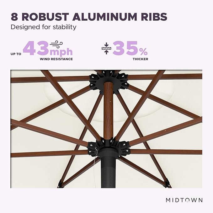Midtown Umbrellas The Wooden 8 Feet Patio Umbrella With Sunbrella White Acrylic Fabric - Aluminum Frame Market Umbrella For Backyard, Deck, Garden, Pool - Wooden Pole
