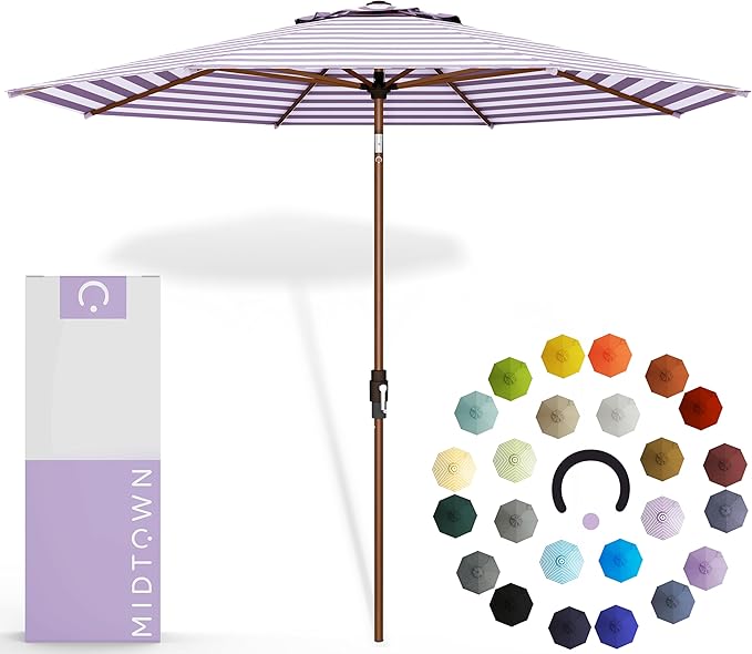 Midtown Umbrellas Wooden 2-8 Feet Outdoor Patio Umbrella, Terylast Purple & White Stripes Fabric, Aluminum Frame For Backyard Umbrella, Deck Umbrella, Garden Umbrella & Pool Umbrella - Wooden Pole