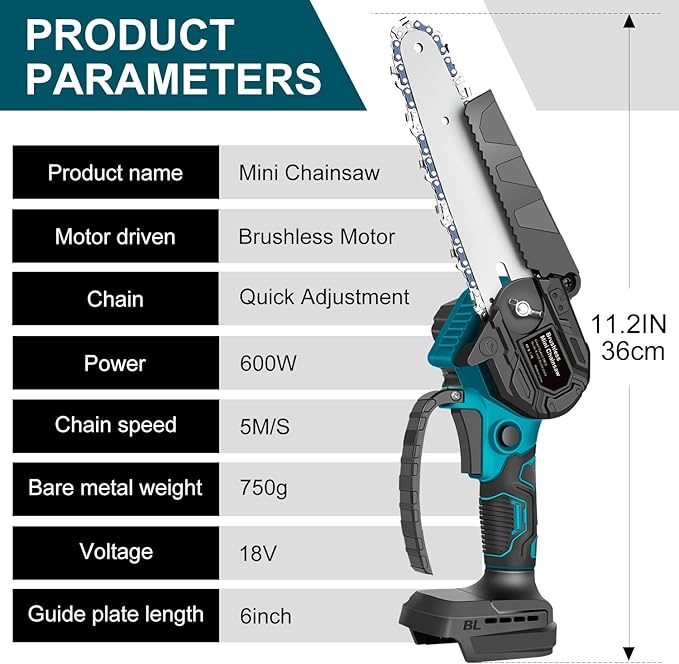 Mini Chainsaw for M-akita 18V Battery, 600 W Brushless Chainsaw Electric 6 Inches, Battery Chainsaws Hand Chainsaw for Garden Shears, Wood Cutting（No Battery）