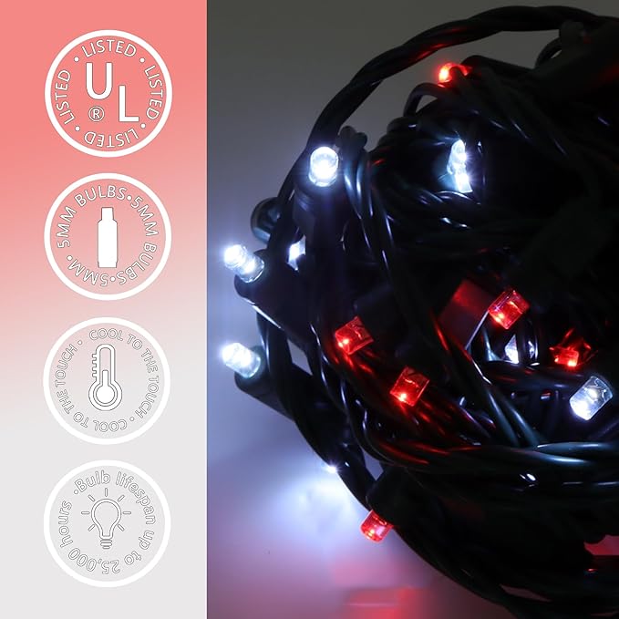 50 LED 5MM Red and Cool White Christmas Lights, 17FT Indoor/Outdoor String Light, Mini Lights for Garden, Patio, Christmas Trees - Green Wire, Commercial Grade, UL Listed