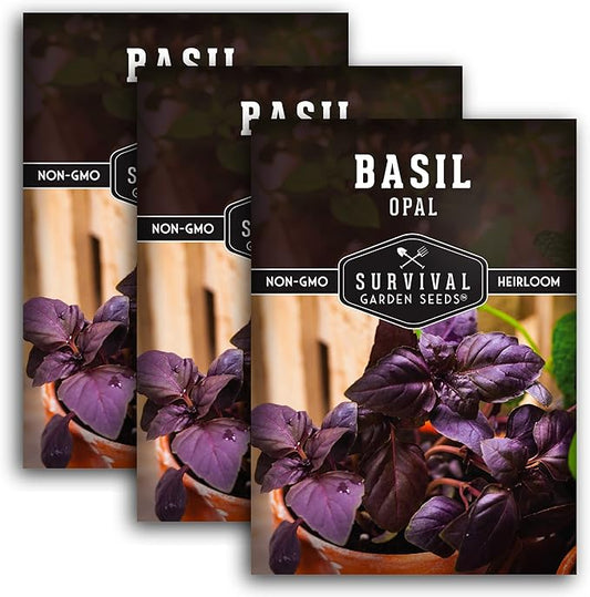 Survival Garden Seeds - Opal Basil Seed for Planting - 3 Packs with Instructions to Plant and Grow Delicious & Unique Purple Basil Herb Plants in Your Home Vegetable Garden - Non-GMO Heirloom Variety