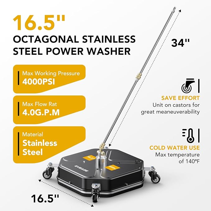 EVEAGE 16.5" Pressure Washer Surface Cleaner - Stainless Steel Power Washer Surface Cleaner with 4 Wheels & 2 Extension Wands, 4000PSI Power Washer Accessories Attachment