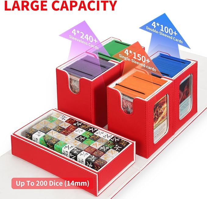 AFIING Commander Deck Box for MTG/EDH, Fits 400+ Double-Sleeved Cards, with Display Window, 4 Removable Deck Cases, Dividers, Dice Tray & Handle, Card Holders for TCG (White Red)