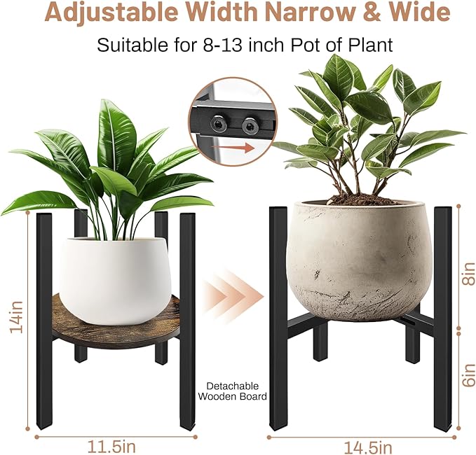 Adjustable Plant Stand, Mid Century Modern Indoor Plants Stands - Fits 8 to 13 Inches Pots - Stable Wood Single Small Plant Stool for Living Room