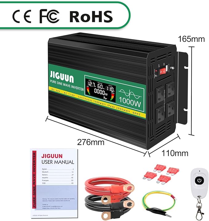 JIGUUN Power Inverter 2000 Watt, DC 12V to AC 120V Pure Sine Wave Inverter with LCD Display, 4 AC Outlets&USB Output, Power Converter with Remote Control for RV Emergency Camping. (PRO2000W-12)