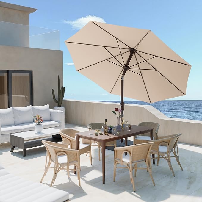 PatioKingdom Auto-Tilt 9FT Patio Umbrella Outdoor with 8 Sturdy Fiberglass Ribs,Market Table Umbrella for Pool,Backyard,Deck and Garden