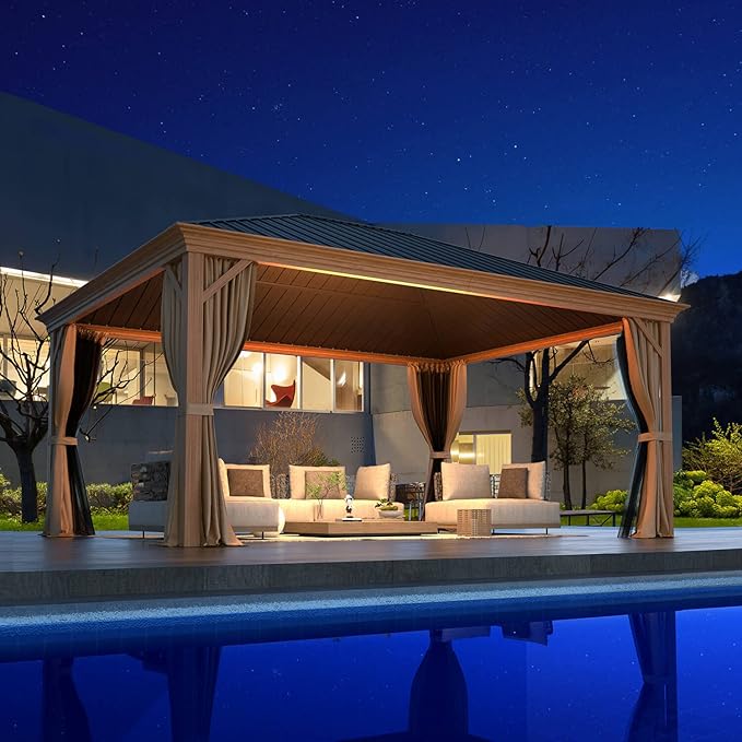 MELLCOM 12'x16' Gazebo, Wood Looking Gazebo with Aluminum Frame and Single Galvanized Steel Roof, Outdoor Permanent Metal Pavilion with Curtains and Nettings for Deck, Backyard and Patio