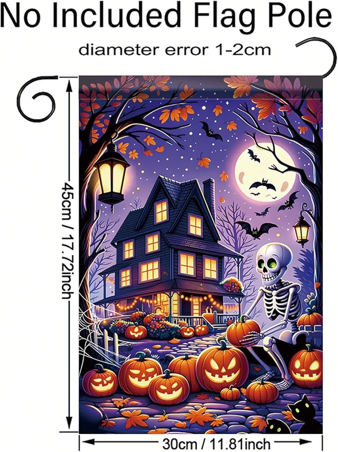 Halloween Garden Flag Skeleton Flag 12x18 Inch Haunted House Pumpkin Yard Banner Double Sided Outdoor Spooky Decor for Lawn Porch Patio Trick or Treat Holiday Seasonal House Decoration